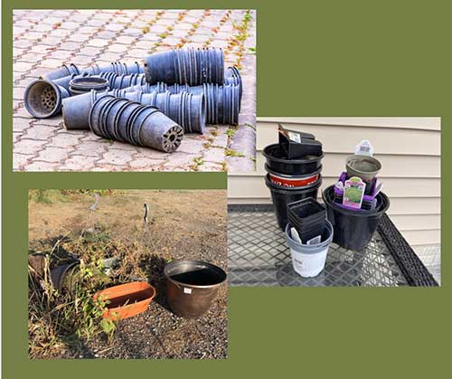 Flower pots, plant tags, garden tools do not belong in recycling. Some garden centers have recycling programs for plastic pots. Metal garden tools can be disposed of with scrap metal.